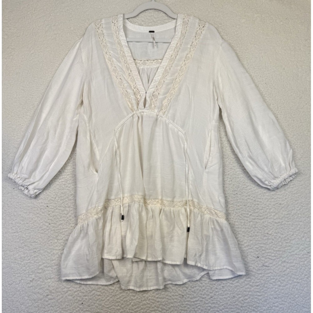 Free People Dress Small Womens White Boho Peasant Ruffle Hem Lace Trim Festive